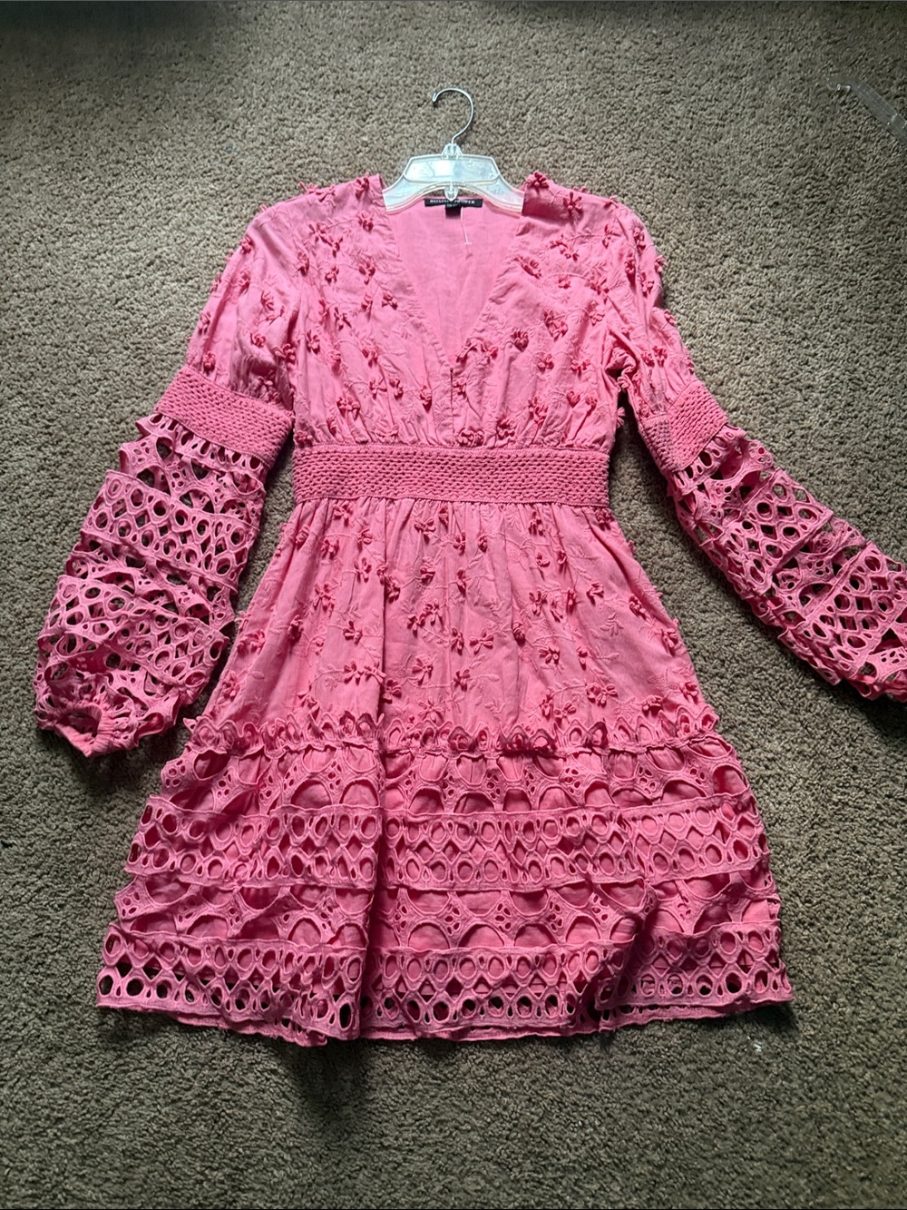 Boston Proper Pink Eyelet Lace Tiered Dress with Crochet Sleeves